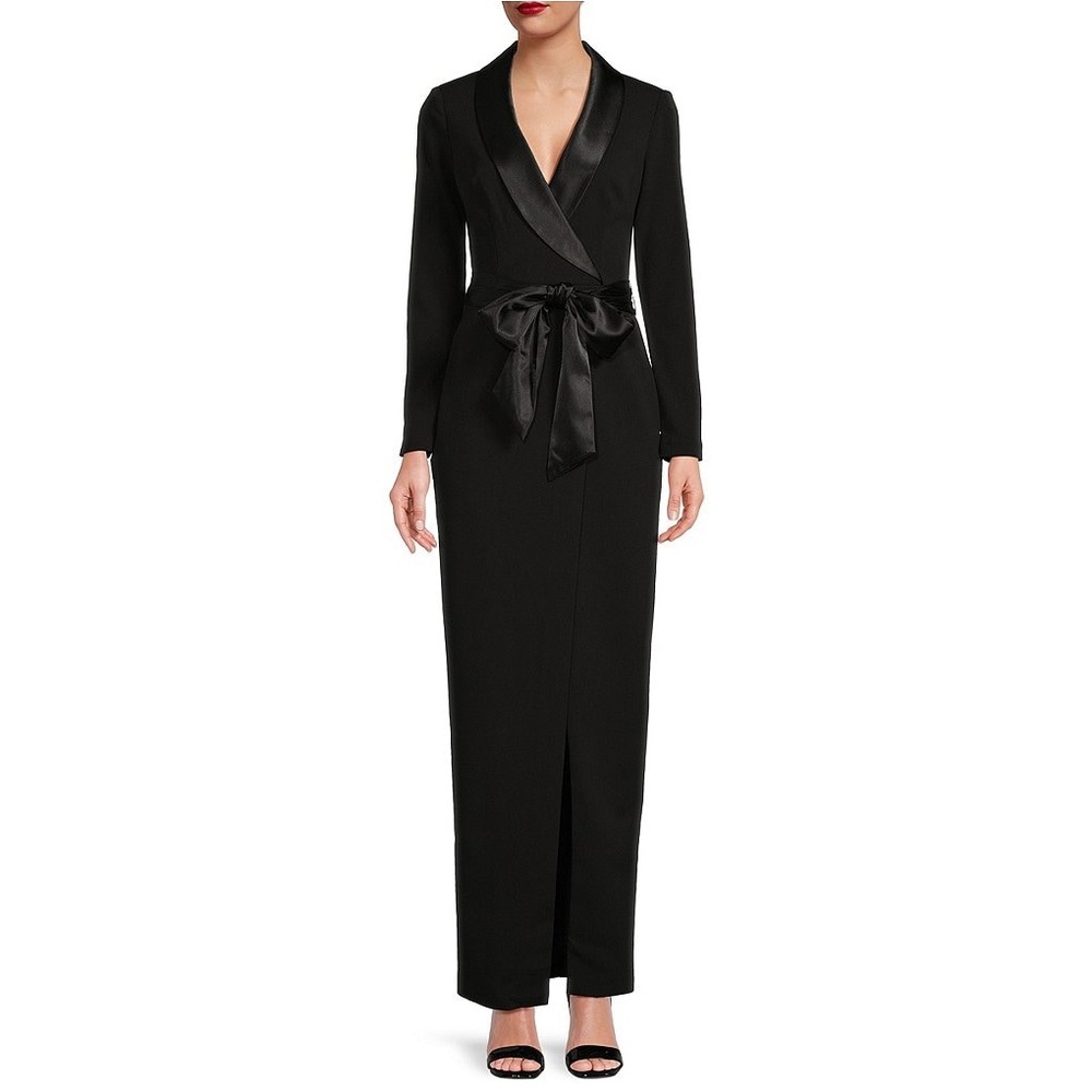 Eliza J Tuxedo Wrap Surplice V-Neck Scuba Crepe Tie Waist Long Sleeve Slit Gown